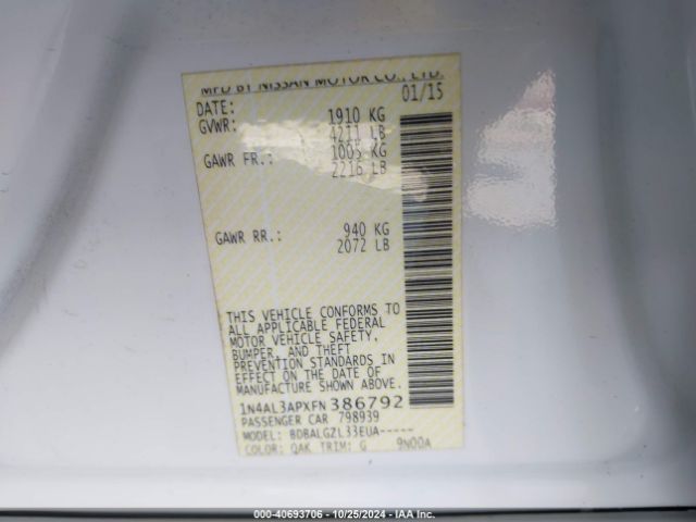 1N4AL3APXFN386792 Nissan Altima 2.5/2.5 S/2.5 Sl/2.5 Sv