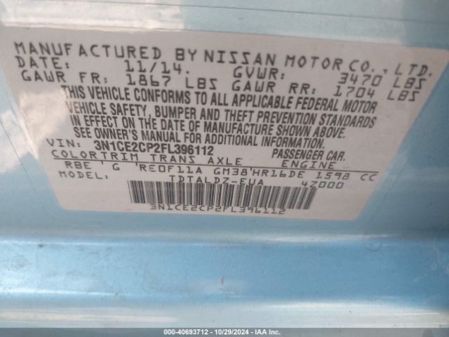 3N1CE2CP2FL396112 Nissan Versa Note Sv