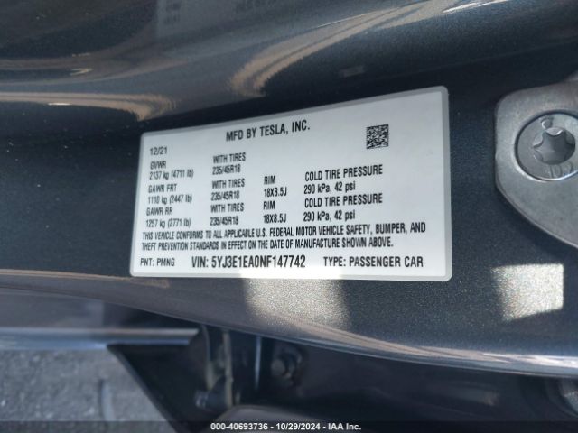 2022 TESLA MODEL 3 5YJ3E1EA0NF147742 Photo 8