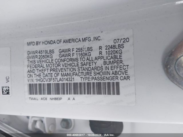 1HGCV3F57LA014321 Honda Accord Hybrid Ex-l