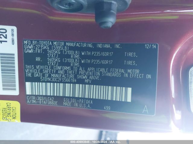 5TDYK3DC2FS566184 Toyota Sienna Xle 8 Passenger