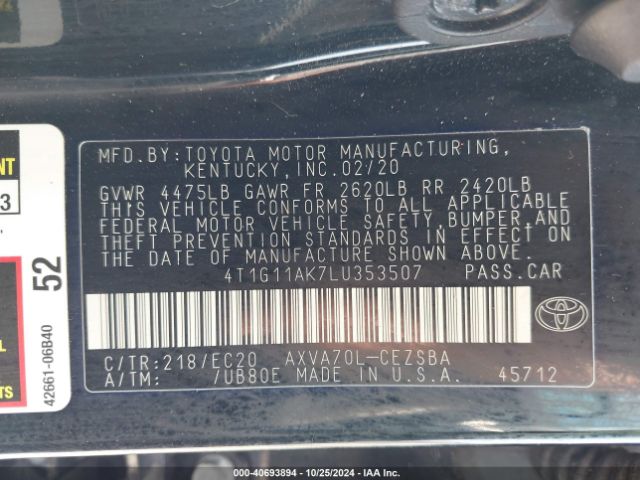 4T1G11AK7LU353507 Toyota Camry Se Nightshade Edition