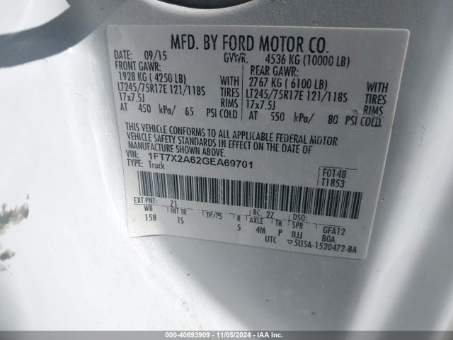 Ford F-250 Xl 2016 1FT7X2A62GEA69701 Image 9