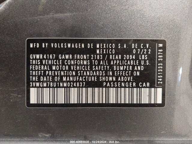 3VWGM7BU1NM024837 Volkswagen Jetta 1.5t Sel