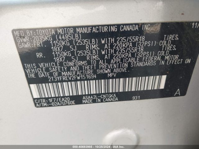 2T3YFREV2FW151694 Toyota Rav4 Limited