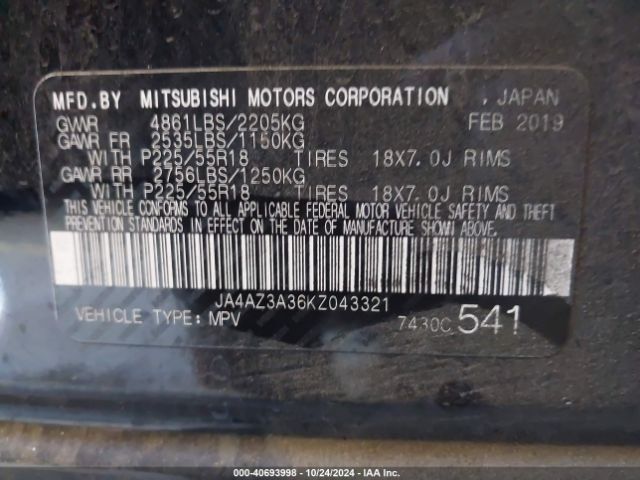 2019 MITSUBISHI OUTLANDER JA4AZ3A36KZ043321 Photo 8