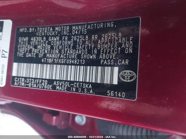 Toyota CAMRY SE 2015 4T1BF1FK6FU948213 Image 9