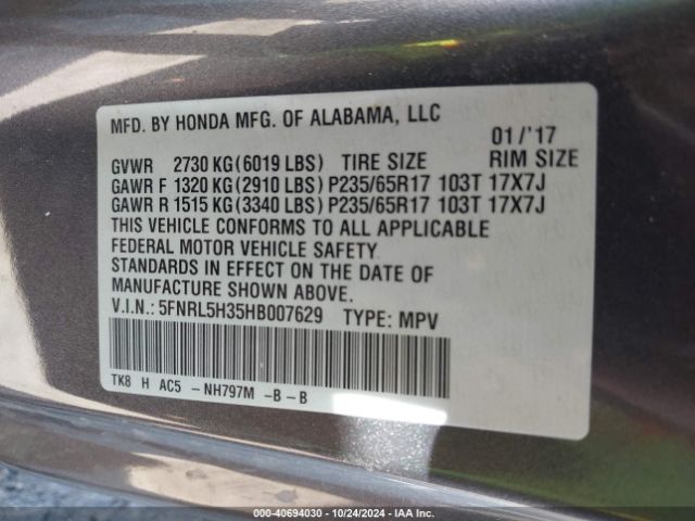 5FNRL5H35HB007629 Honda ODYSSEY SE