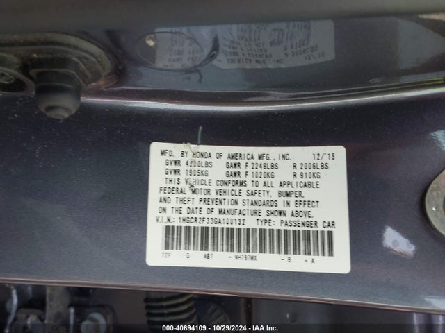 Honda ACCORD LX 2016 1HGCR2F33GA100132 Image 9