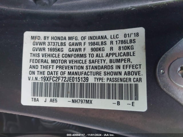 Honda CIVIC EX 2018 19XFC2F72JE015139 Image 9