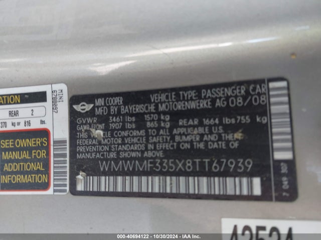 2008 MINI COOPER WMWMF335X8TT67939 Photo 8