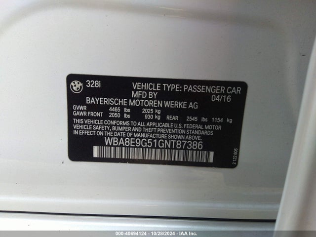 WBA8E9G51GNT87386 BMW 328I