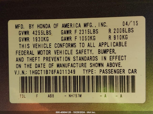 Honda ACCORD EX 2015 1HGCT1B76FA011349 Image 9
