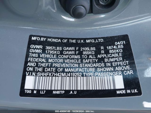 SHHFK7H42MU419252 Honda Civic Sport