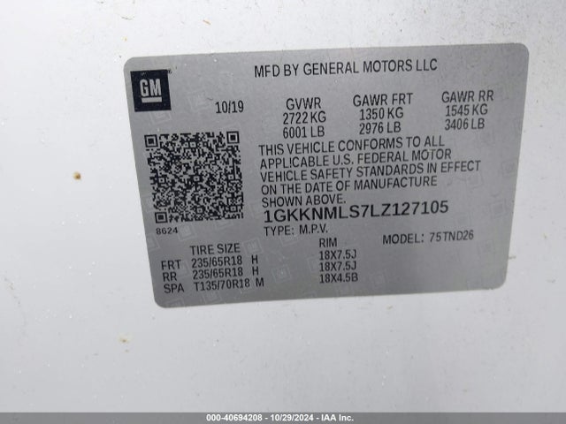 1GKKNMLS7LZ127105 GMC Acadia Fwd Slt