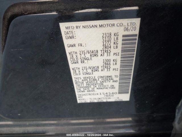 5N1AZ2BJ1LN154540 Nissan Murano Sv Fwd