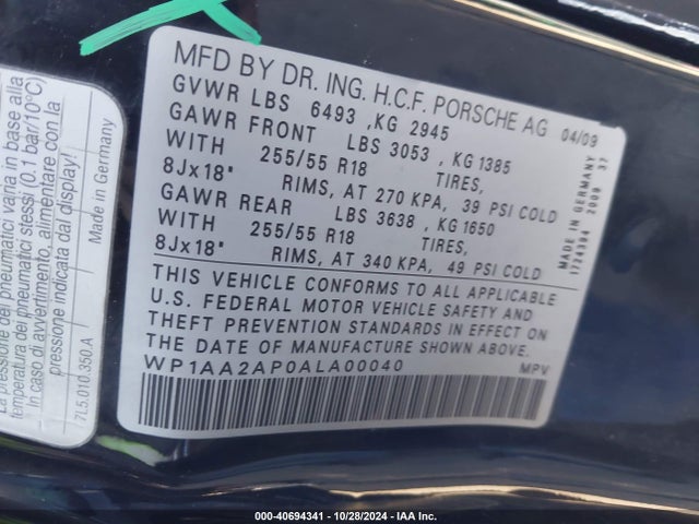 2010 PORSCHE CAYENNE WP1AA2AP0ALA00040 Photo 8