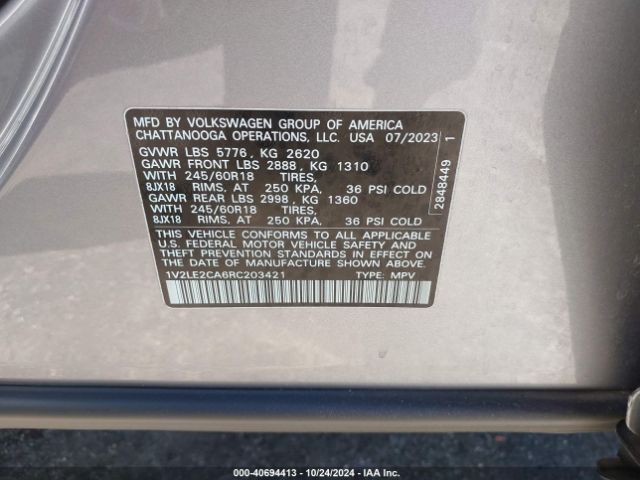 1V2LE2CA6RC203421 Volkswagen Atlas Cross Sport 2.0t Se
