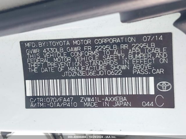 JTDZN3EU6EJ010622 Toyota Prius V Three