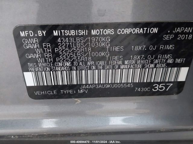 JA4AP3AU9KU005545 Mitsubishi Outlander Sport 2.0 Es