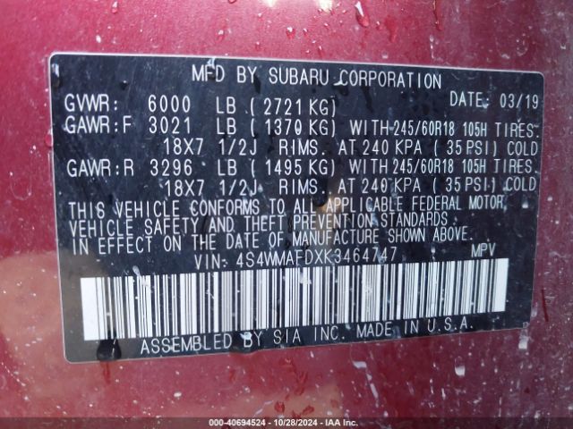 4S4WMAFDXK3464747 Subaru Ascent Premium