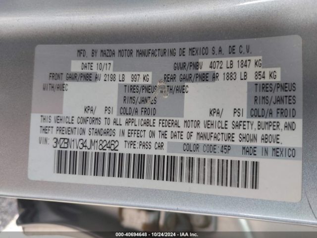 3MZBN1V34JM182462 Mazda Mazda3 Touring