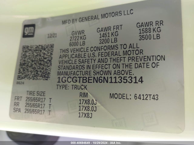 1GCGTBEN6N1135314 Chevrolet Colorado 4wd  Long Box Wt