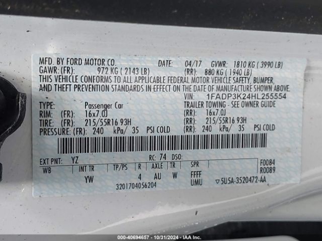 1FADP3K24HL255554 Ford FOCUS SE
