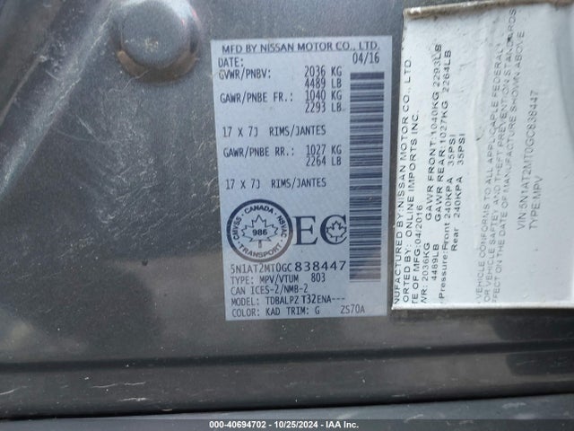 Nissan Rogue S/sl/sv 2016 5N1AT2MT0GC838447 Image 9