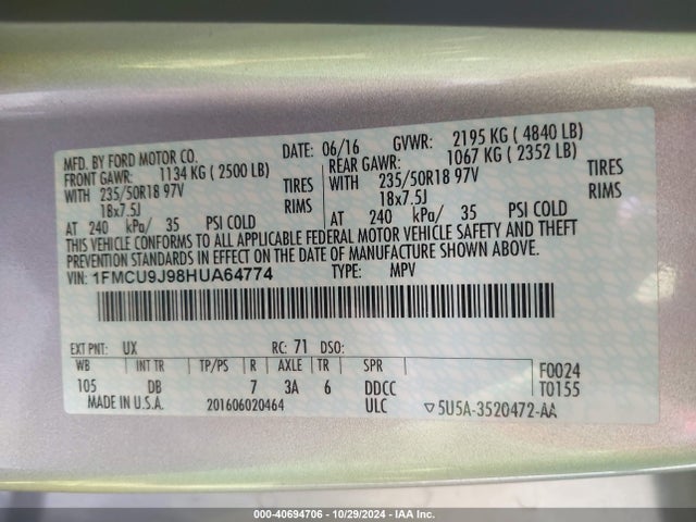 Ford Escape Titanium 2017 1FMCU9J98HUA64774 Image 9