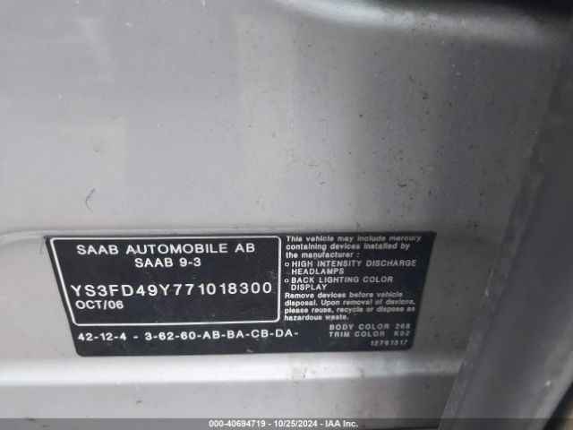 2007 SAAB 9-3 YS3FD49Y771018300 Photo 8