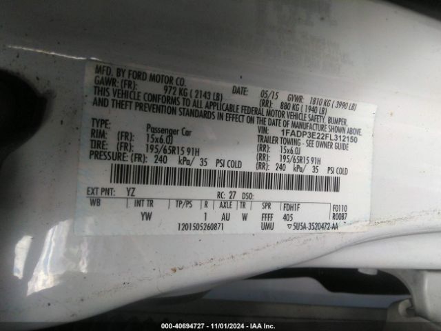 1FADP3E22FL312150 Ford FOCUS S