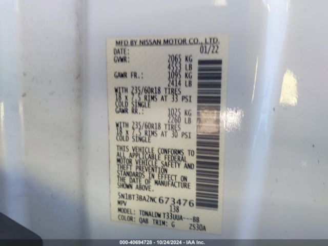 5N1BT3BA2NC673476 Nissan Rogue Sv Fwd