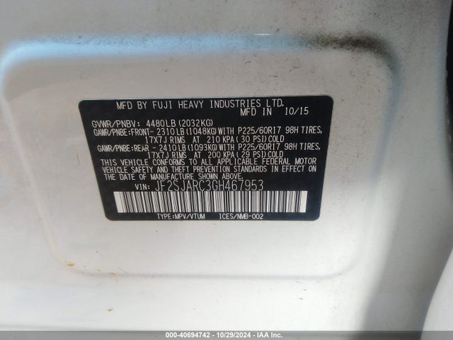 Subaru Forester 2.5i Limited 2016 JF2SJARC3GH467953 Image 9