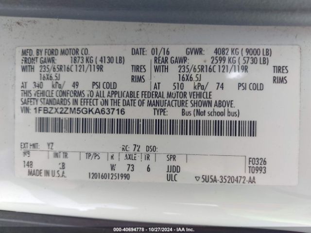 1FBZX2ZM5GKA63716 Ford Transit-350 Xlt