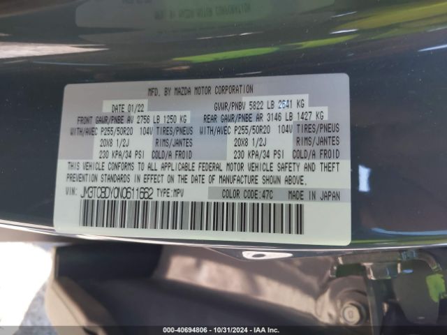 JM3TCBDY0N0611662 Mazda Cx-9 Carbon Edition