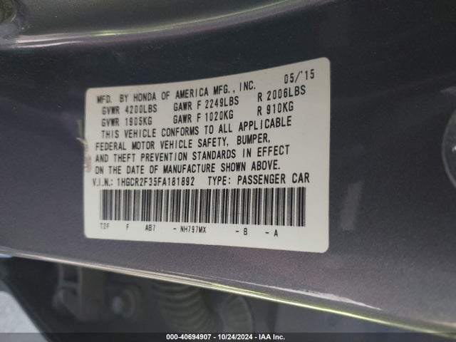 Honda ACCORD LX 2015 1HGCR2F35FA181892 Image 9