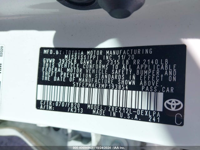 Toyota COROLLA LE 2021 5YFEPMAEXMP193854 Image 9