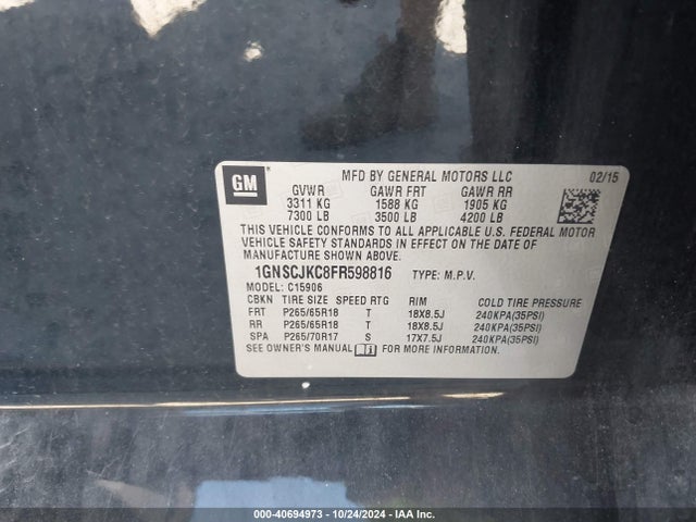Chevrolet Suburban 1500 Lt 2015 1GNSCJKC8FR598816 Image 9