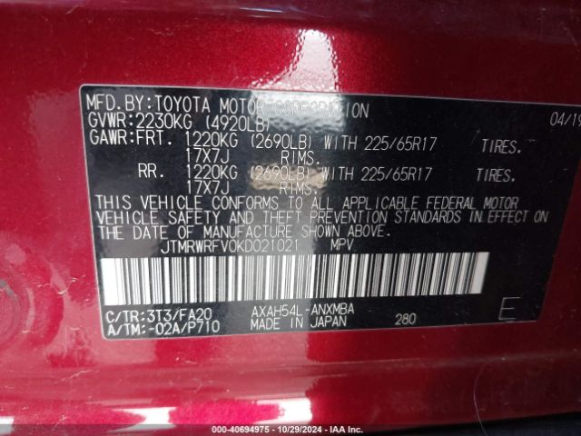JTMRWRFV0KD021021 Toyota Rav4 Hybrid Xle