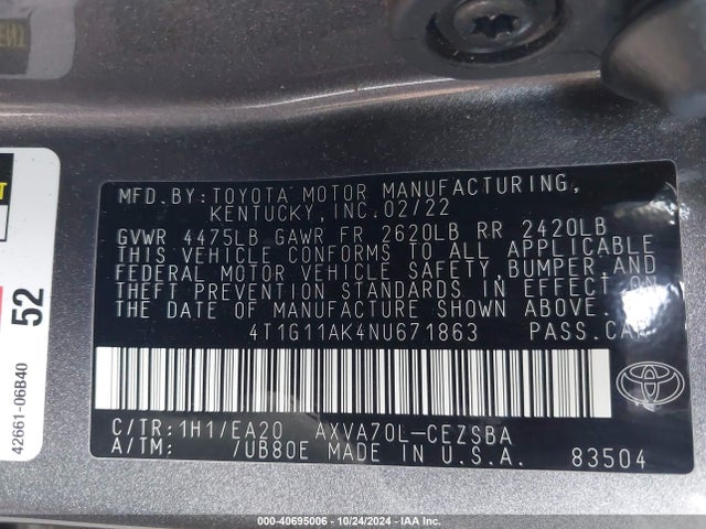 Toyota CAMRY SE 2022 4T1G11AK4NU671863 Image 9