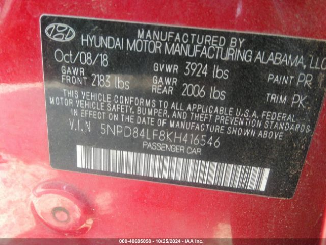 5NPD84LF8KH416546 Hyundai ELANTRA SEL