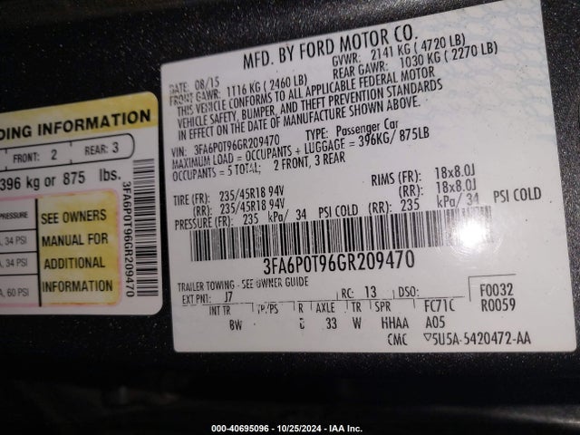 Ford FUSION SE 2016 3FA6P0T96GR209470 Image 9