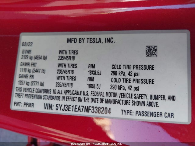 2022 TESLA MODEL 3 5YJ3E1EA7NF338204 Photo 8