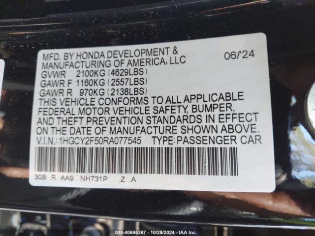 1HGCY2F50RA077545 Honda Accord Hybrid Sport