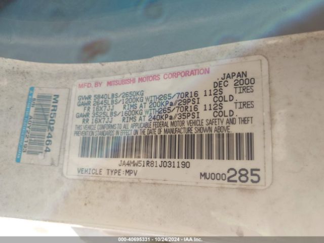 2001 MITSUBISHI MONTERO JA4MW51R81J031190 Photo 8