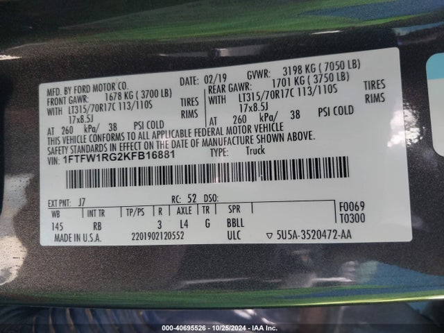 Ford F-150 Raptor 2019 1FTFW1RG2KFB16881 Image 9