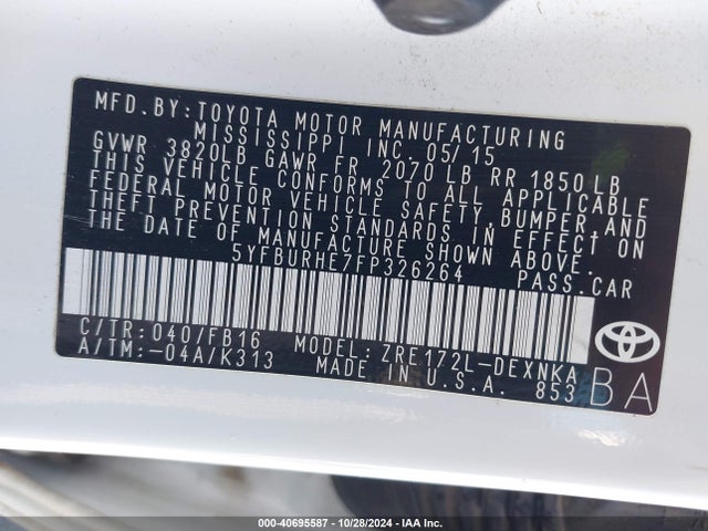 Toyota COROLLA LE 2015 5YFBURHE7FP326264 Image 9