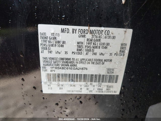 Ford EXPLORER XLT 2014 1FM5K8D81EGA21576 Image 9