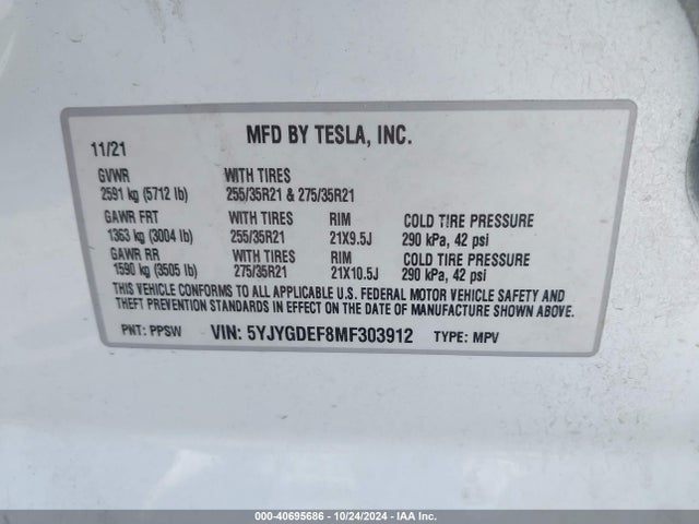 2021 TESLA MODEL Y 5YJYGDEF8MF303912 Photo 8